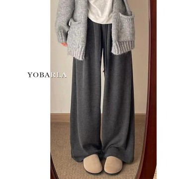 灰色糯米休閑褲女春季新款胖mm大碼寬松垂感梨形身材顯瘦直筒褲子