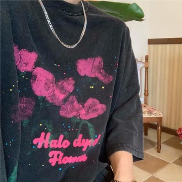 C2自制/美式潮牌水洗做舊夢幻印花短袖T恤夏季情侶中性高街體恤