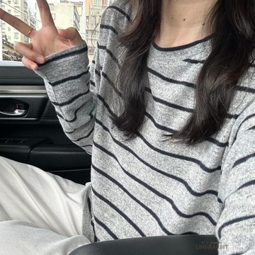 韓系德絨保暖長袖t恤女秋冬內搭打底衫寬鬆顯瘦慵懶風條紋上衣女生長袖上衣女生休閒寬鬆百搭上衣