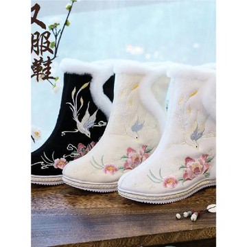 冬季新款加絨古風靴子內增高女靴側拉鏈搭配亮鉆防滑短靴漢服棉靴