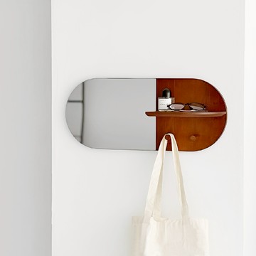 【好物良品】59x25cm_日式膠囊造型壁掛鏡水曲柳木色