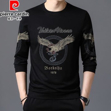 皮爾卡丹長袖t恤男士圓領純棉衛衣春秋休閑寬松印花打底衫男上衣T