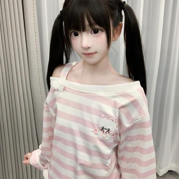 🌷臺灣出貨🌷小個子可愛韓版新款寬鬆條紋衛衣女春秋露肩卡通繡花上衣外穿百搭