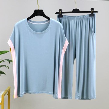 莫代爾蝙蝠袖T恤短褲套裝女夏季寬松大碼家居服薄款短袖套頭睡衣