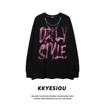 KKyesiou美式潮牌字母涂鴉長袖T恤男女oversie復古嘻哈bf情侶衛衣