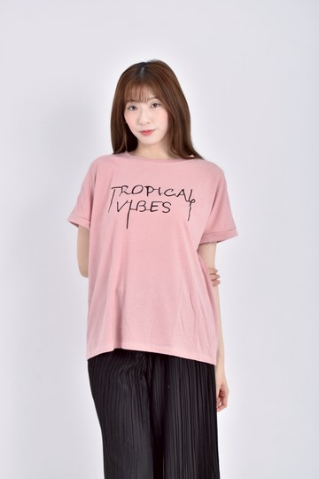 (XL) 印花粉色短袖上衣