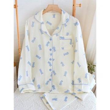 睡衣女士春秋季純棉紗布雙層夏季薄款寬松日系印花長袖家居服套裝