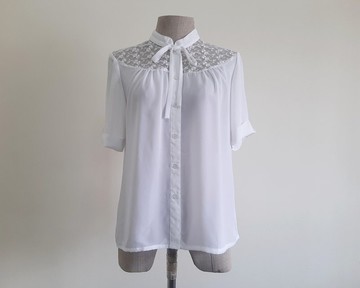 復古純白蕾絲雪紡上衣 女款 高領設計 小尺碼 S