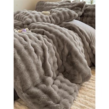 A類冬季高端兔兔毛絨立體剪花純色牛奶絨四件套貼身親膚床上用品