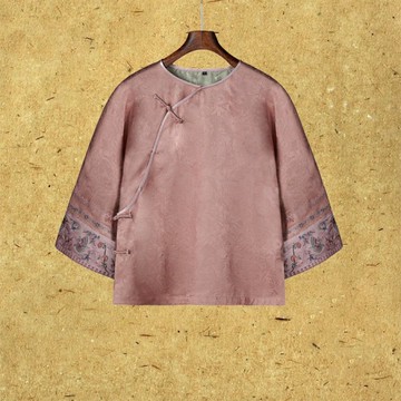 聞清 新中式復古 桑蠶絲粉色刺繡斜襟上衣