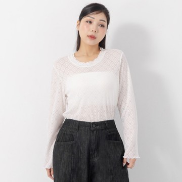 雙層領菱格木耳邊透膚上衣