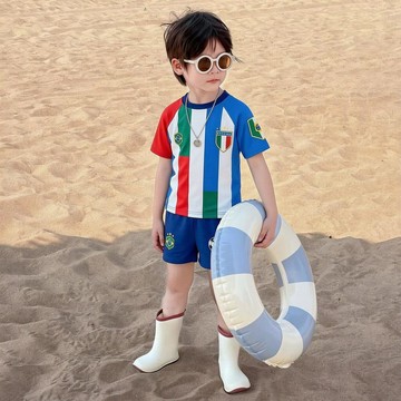 免運【臺灣出貨】男童泳衣 中小童韓版簡約撞色條紋分體式泳衣套裝男寶寶泳衣泳褲薄款兩件套泳服 兒童泳裝 寶寶泳衣