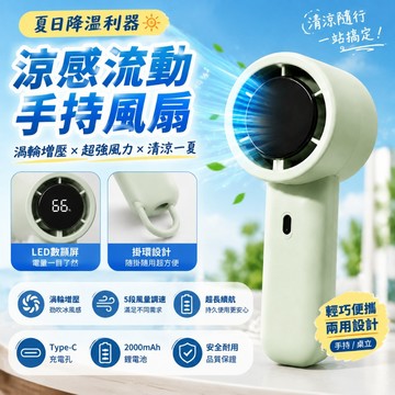 【台灣發貨】USB手持風扇 隨身風扇 渦輪增壓 5檔風速 LED數顯 Type-C充電 2000mAh 桌立兩用