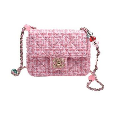 CHANEL 經典MINI COCO 琺瑯雙 C LOGO粉紅毛呢彩色珠子綴飾肩背/斜背包(17CM-粉紅色)
