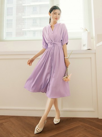 小V領開襟收腰長洋裝