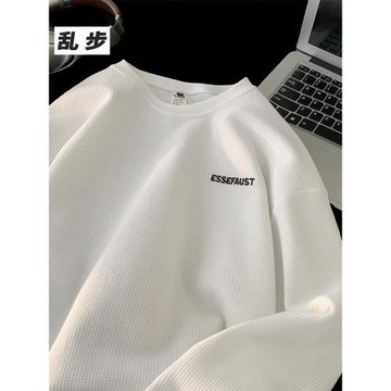 華夫格刺繡圓領長袖T恤男秋季新品oversize大碼寬松百搭無帽外套