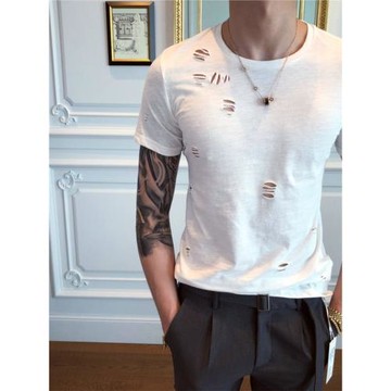 夏季鏤空圓領短袖男士純色T恤抓痕修身百搭破洞透氣個性打底潮流T