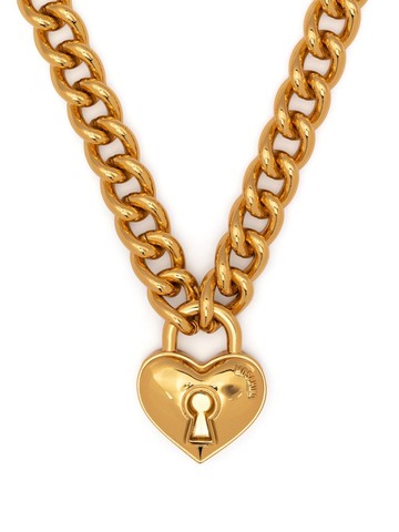Moschino - logo-embossed heart-pendant necklace - women - Brass - One Size - Gold