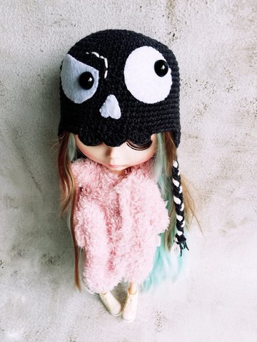 Blythe 帽子鉤針編織黑色骷髏