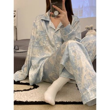 冰雪絲睡衣女士長袖春秋冬季2023年新款簡約寬松可外穿家居服套裝