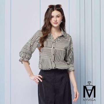 MYVEGA麥雪爾 MA黑白幾何條紋翻領七分袖襯衫-黑