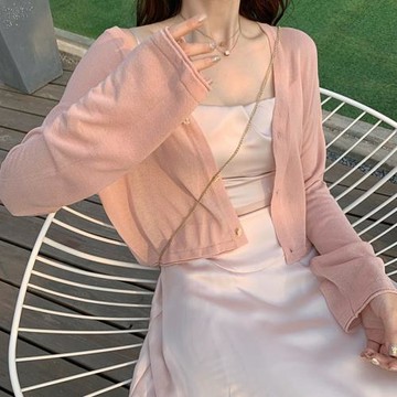 針織開衫長袖小外套夏季冰絲防曬衣女新款披肩薄款外搭配吊帶裙子