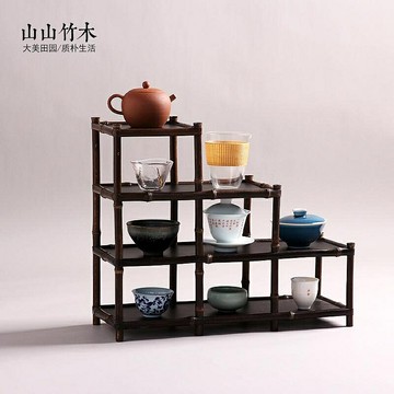 山山竹木紫竹茶棚博古架素面式功夫茶道具竹制煎茶棚博古架收納