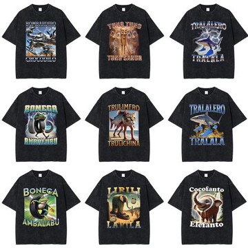 AI生物大戰全明星tungtungtungsahur木棍人鱷魚轟炸機水洗短袖T恤