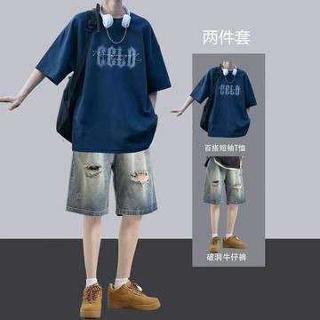 【臺灣出貨 免運】短袖t恤套裝夏季男生酷帥穿搭潮休閒一套搭配帥氣牛仔短褲兩件套