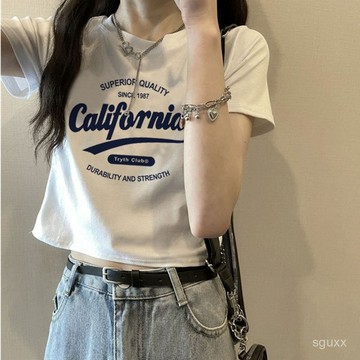 【她主義服飾】 百搭上衣 白色純棉字母短袖T恤女夏2025新款歐貨修身短款上衣小衫打底衫ins 韓係上衣 打底衣服