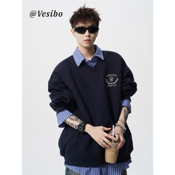 (免運)美式假兩件情侶衛衣男夏重磅潮牌學院風長袖上衣設計感襯衫領外套