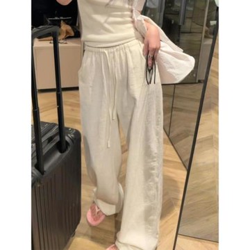 白色苧麻闊腿褲女夏薄款胖妹妹mm寬松顯瘦抽繩棉麻直筒休閑拖地褲