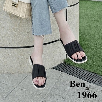 Ben&1966流行皺褶平底拖鞋-黑(226221)