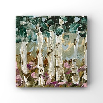 白樺樹與野花迷你原創油畫抽象風景藝術