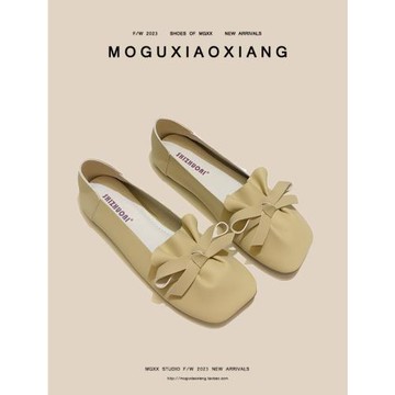 【MOGU小象】2023新款秋季蝴蝶結方頭淺口軟底簡約褶皺平底單鞋女