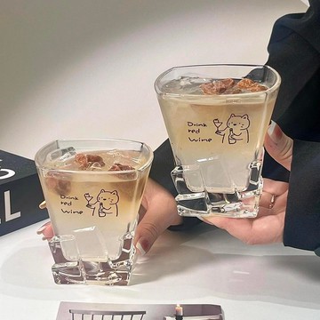 臺灣最低🛒原創小貓威士忌杯冰塊玻璃杯高顏值家用喝水杯子氣泡水杯冰咖啡杯RZ