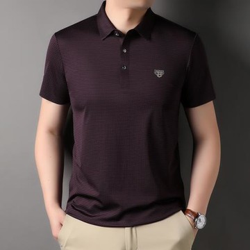 夏季男士翻領格子冰絲短袖t恤中年無痕polo衫男裝透氣半袖速干衣