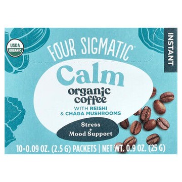 Four Sigmatic, 速溶有機咖啡（含靈芝和白樺茸），舒緩，中度烘焙，10 包，每包 0.09 盎司（2.5 克）