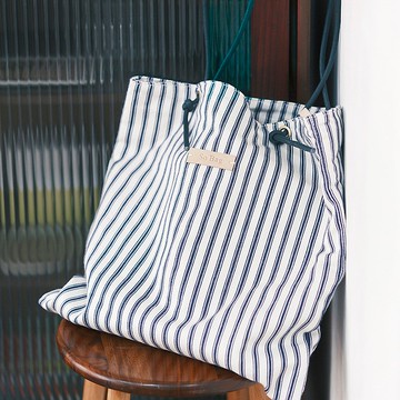 sobag日系夏季海軍藍條紋帆佈單肩包包女小眾休閒拉鍊手拎托特包