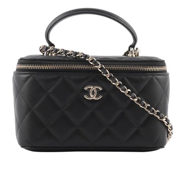 CHANEL 金色CC Logo 小羊皮手提斜背二用化妝包(黑色)