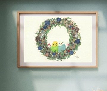 A4長尾小鸚鵡聖誕花圈