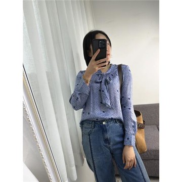 柜面原單法式飄逸系帶彈力醋酸垂感絲滑襯衣印花長袖襯衫通勤上衣