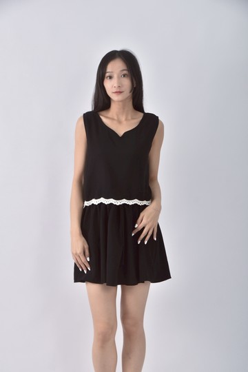 (S) 棉質假兩件黑色洋裝