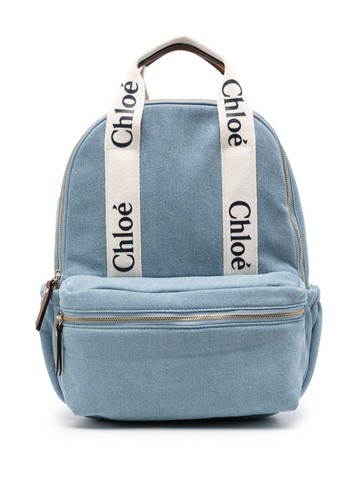 Chloé Kids - logo-sraps denim backpack - kids - Cotton/Cotton/Calf Leather - One Size - Blue