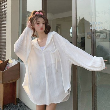 防曬襯衫女2026年夏季新款韓版寬松百搭慵懶風長袖連帽空調衫外套 防曬外套 女生薄外套 夏天薄外套 防曬襯衫「樂購」