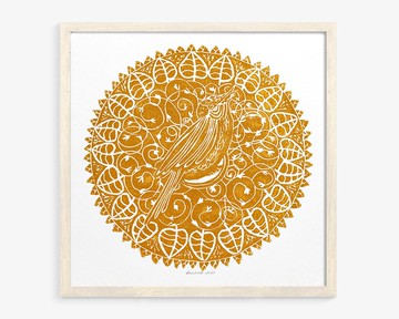 Linocut 印花赭色植物玄鳳鸚鵡鸚鵡原創花卉藝術品牆壁藝術