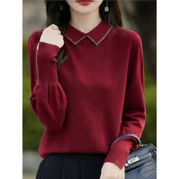 艾哥弟斯商場同款秋冬新款安可拉紅羊毛衫女翻領燙鉆疊穿針織衫