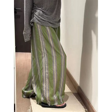 8563 名支持者🥰高級感抹茶綠條紋休閒褲女夏季韓系ins復古慵懶風百搭遛彎褲長褲KVZB