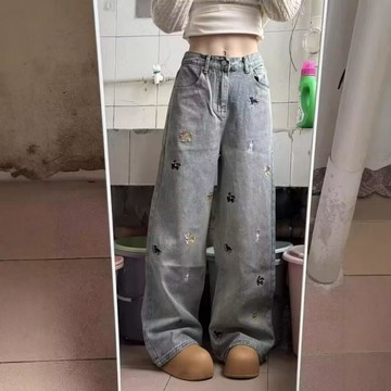 【台灣出貨】小狗趣味刺繡直筒牛仔 美式水洗高腰休閒長褲 潮牌顯瘦百搭 大尺碼女裝 氣質舒適神褲必備