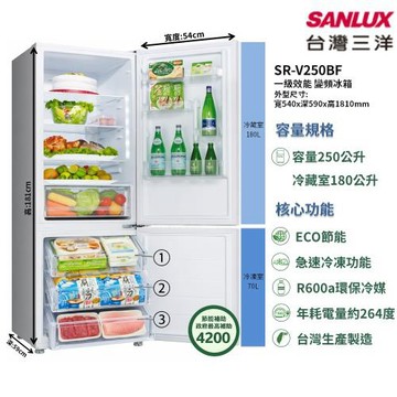 【SANLUX 台灣三洋】 家電速配 都會小宅超靜音一級效能冷凍抽屜式節能 變頻電冰箱250公升SR-V250BF